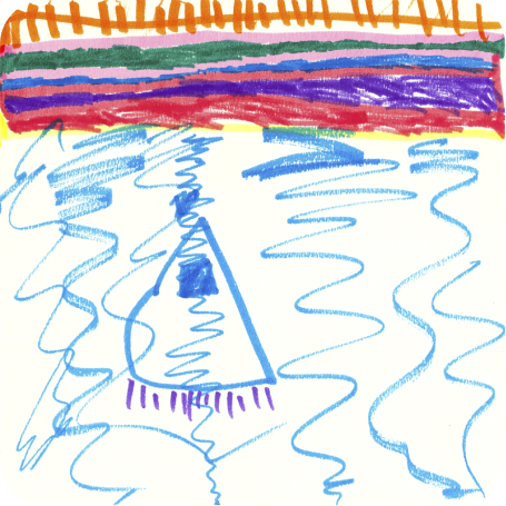 子どもが描いた、青い山の絵