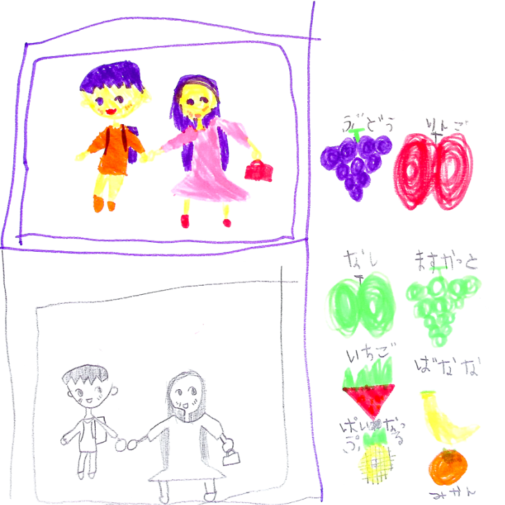 子どもが描いた、家族と果物の絵