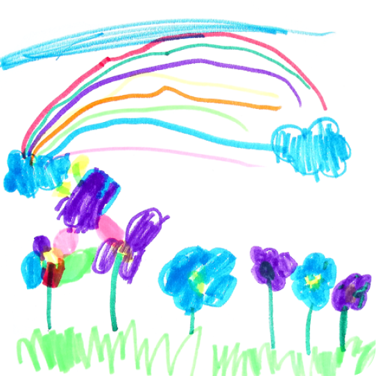 子どもが描いた、花と虹の絵