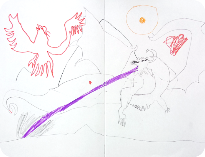 子どもが描いた、朱い鳥と龍の絵